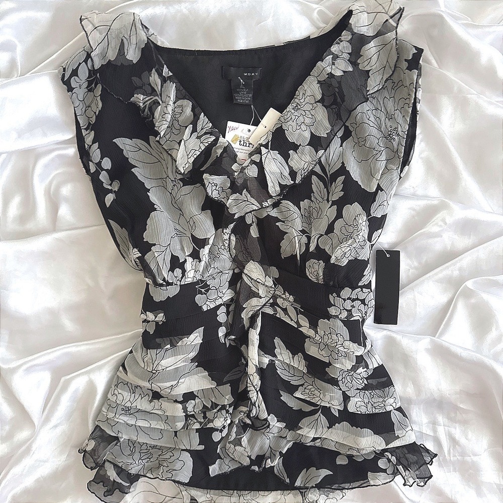 WDNY Black White Floral 100% Silk Ruffle Tiered Sleeveless Blouse XL NWT
